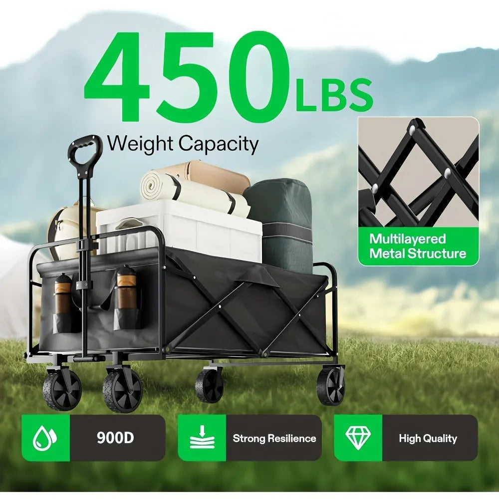 Heavy-duty foldable metal garden wagon cart with a storage box, shown in a collapsed and unfolded state.
