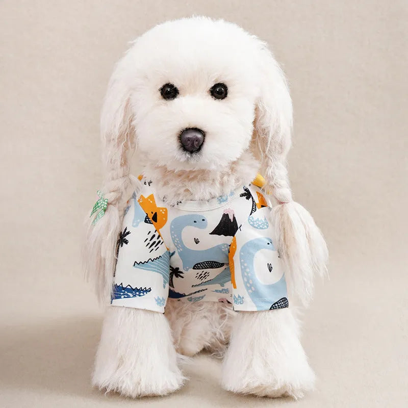 Full printed polyester dog t-shirt in casual style for spring and autumn wear with size chart