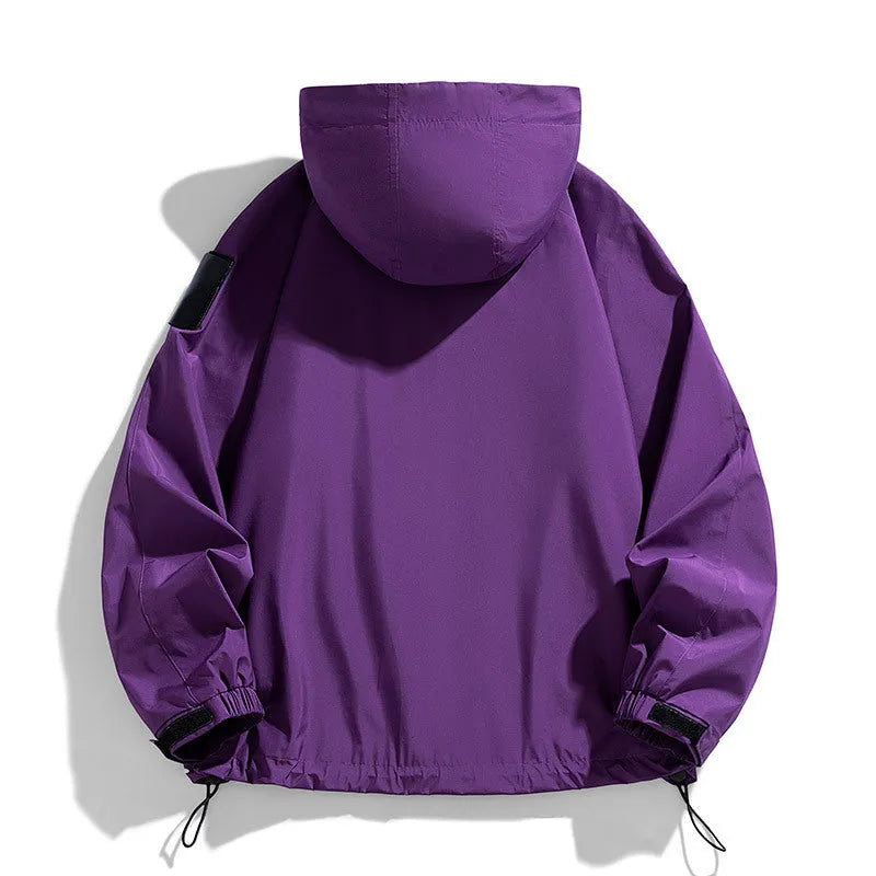 Men's black waterproof windproof hooded jacket coat for outdoor work and leisure.