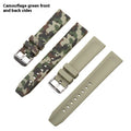 Green camouflage silicone watch strap with universal flat head lugs, shown next to 20mm, 22mm, 24mm size indicators.