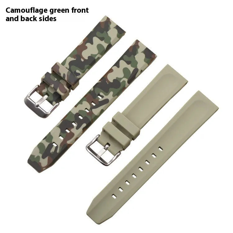 Green camouflage silicone watch strap with universal flat head lugs, shown next to 20mm, 22mm, 24mm size indicators.