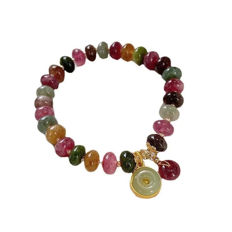 Handmade colourful tourmaline abacus bead bracelet with geometric rabbit pendant