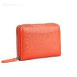 Genuine leather zipper coin purse in solid colour with sewing line detailing