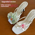 Handmade women's asymmetric flower high-heel sandals in calf leather with a square toe