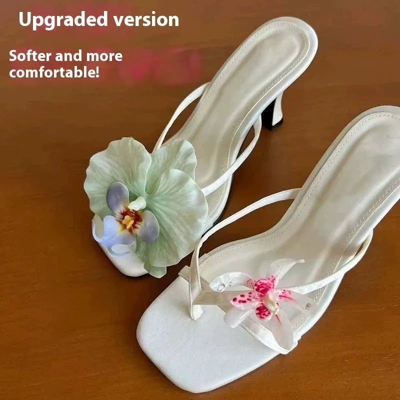 Handmade women's asymmetric flower high-heel sandals in calf leather with a square toe