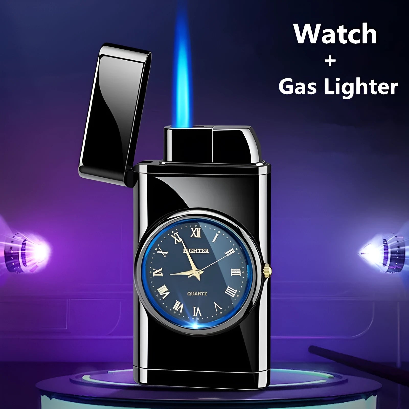 Multifunctional metal watch lighter with LED lamp in black brushed finish
