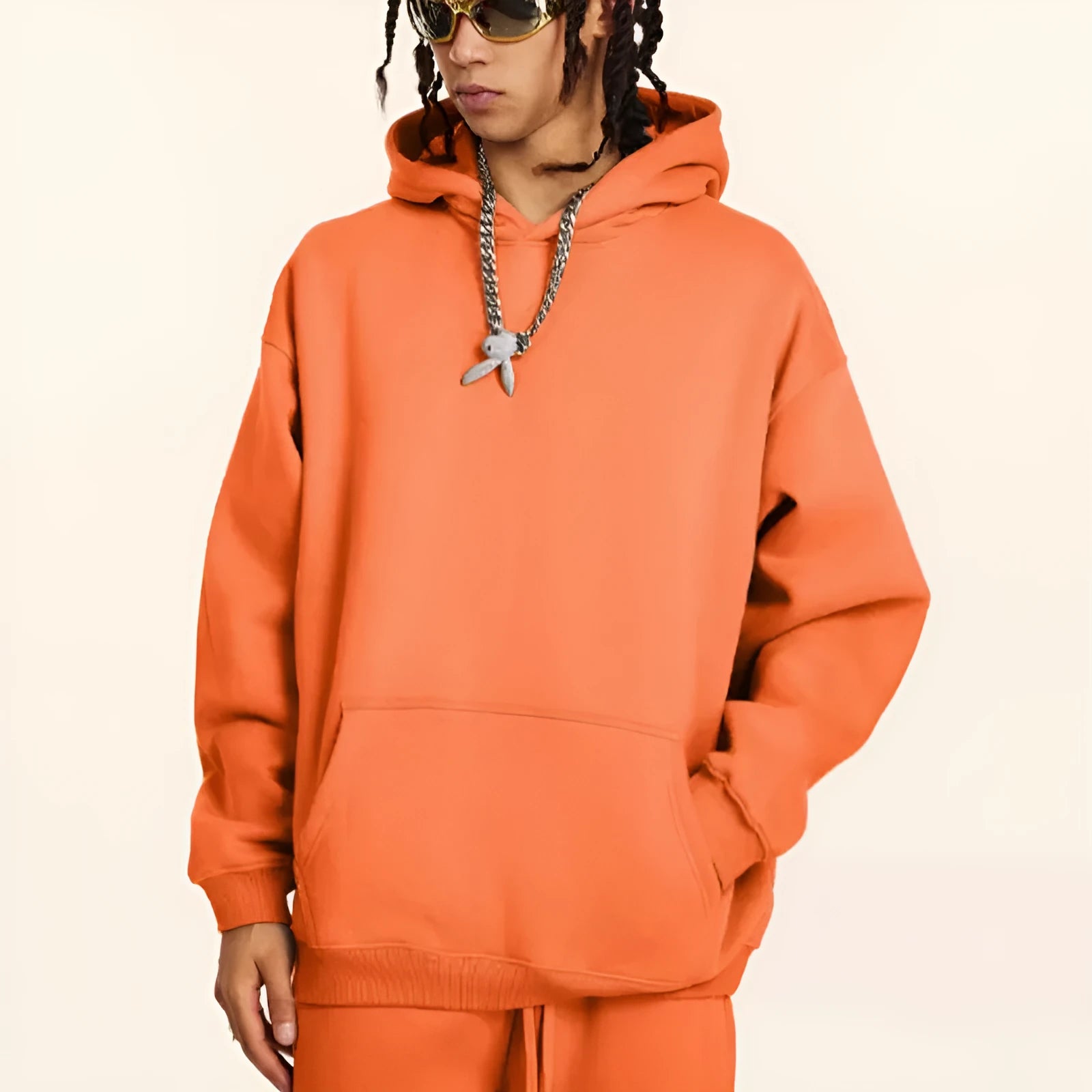 Men's 450g cotton terry hooded pullover sweater in loose fit with drop-shoulder sleeves