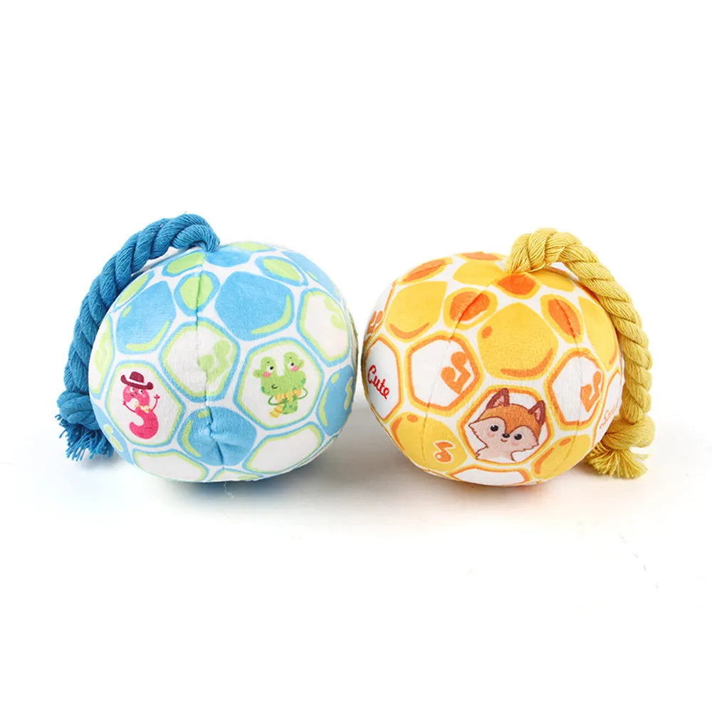 Blue and yellow cartoon elastic football dog toy made from plush cotton rope.