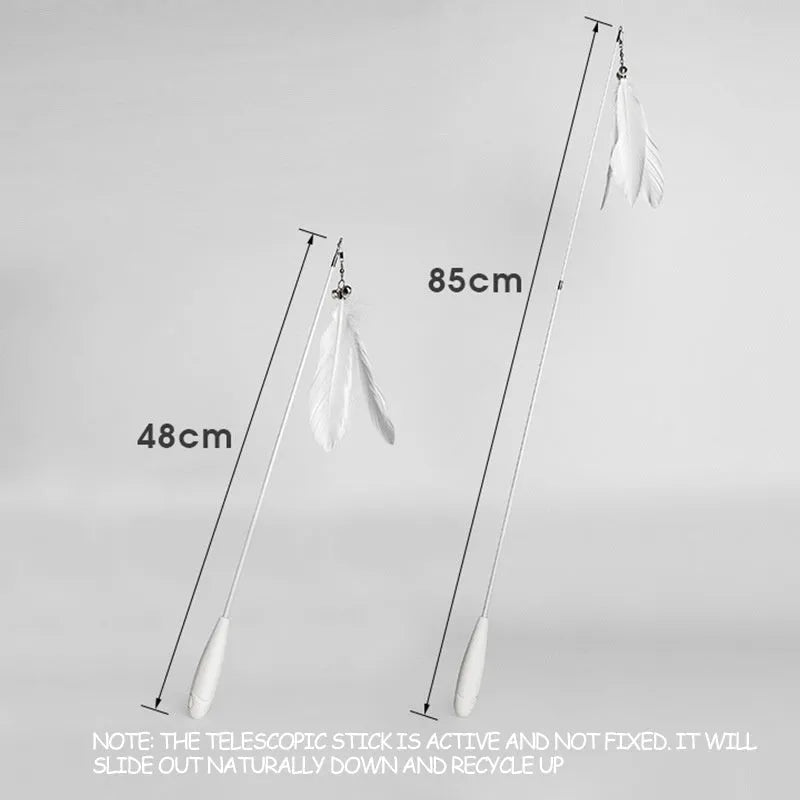 Telescopic cat fishing rod toy with goose feather teaser and removable bell, showing extended and collapsed positions