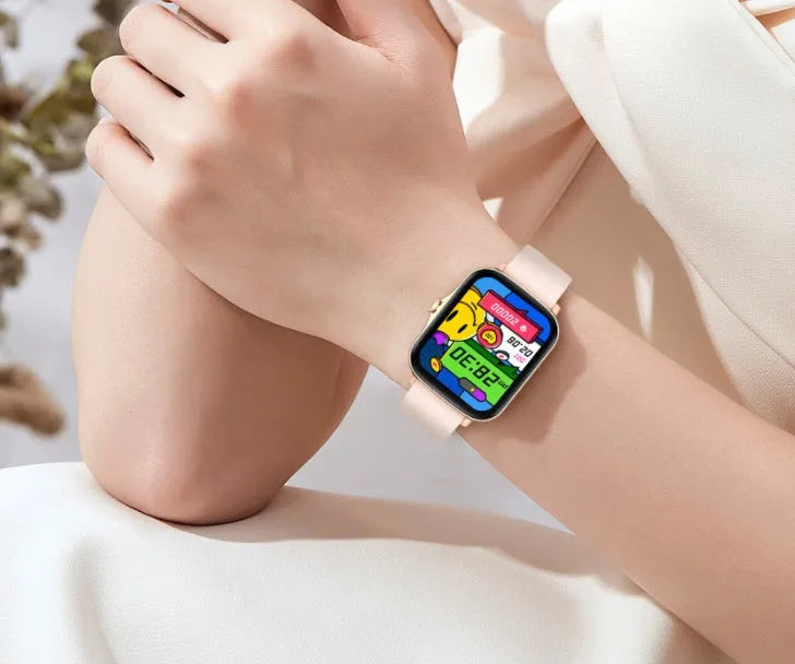 Smart watch with blue strap and 1.7-inch colour touch screen displaying time and heart rate