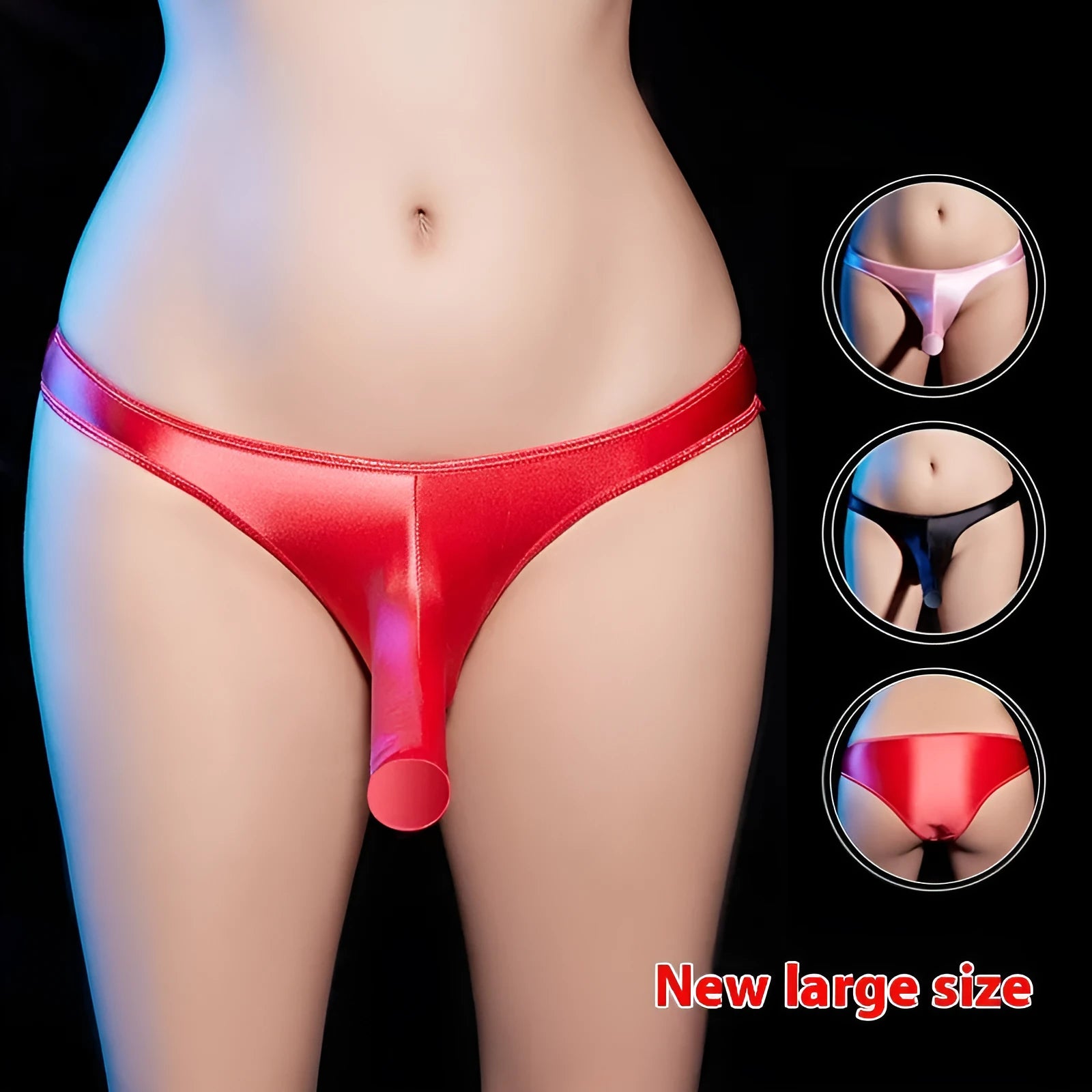 Men's low‑waist T‑back underwear in shiny nylon fabric, shown in black colour.