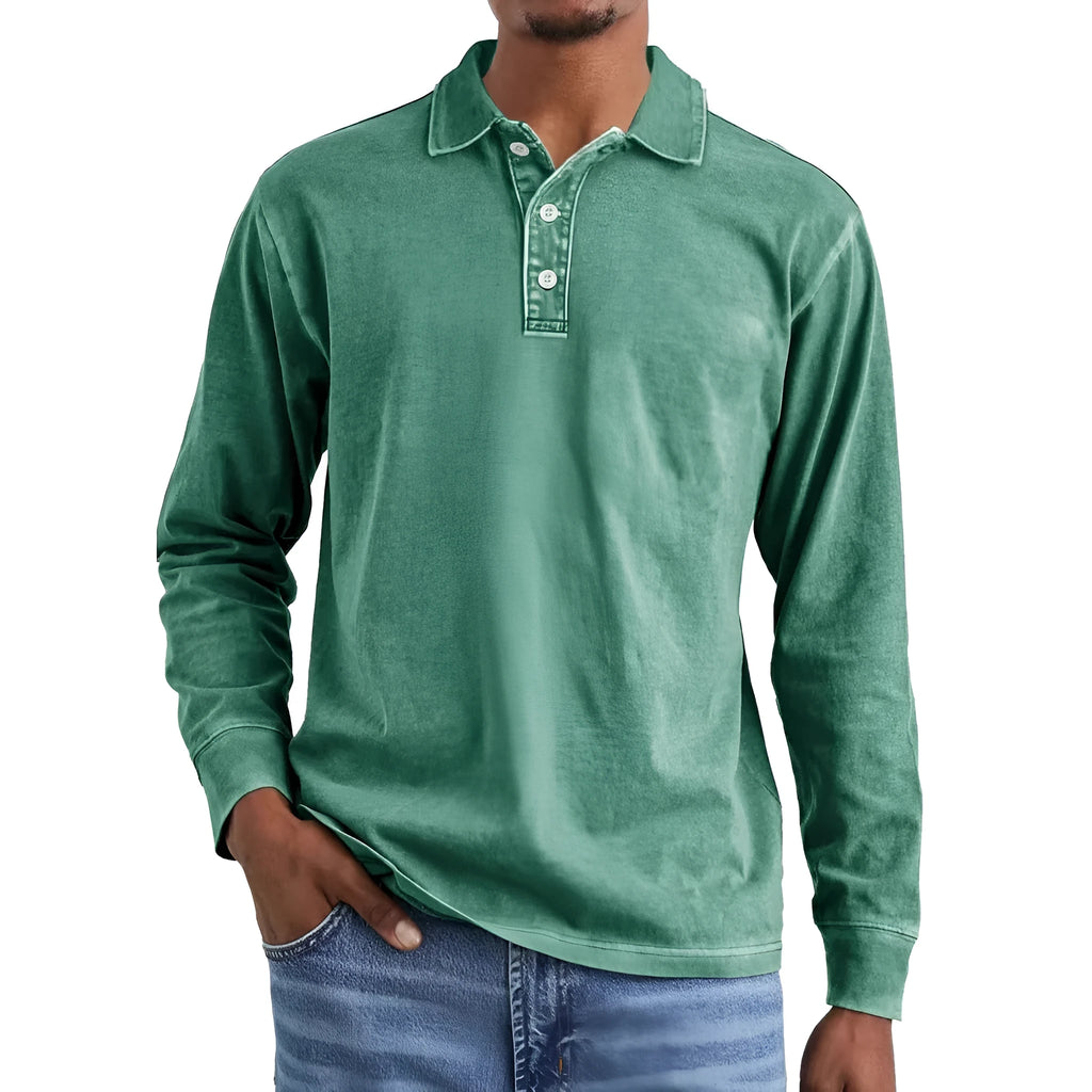 Men's retro washed pure cotton long sleeve polo shirt with a distressed lapel in army green
