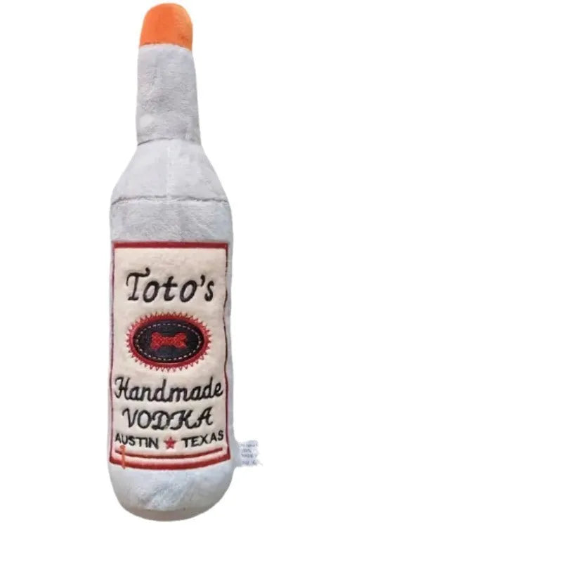 Brown plush wine bottle shaped dog toy with squeaker for chewing and play