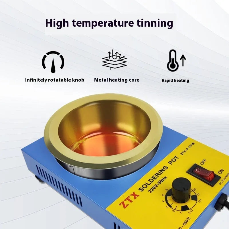 Desktop tin melting furnace with temperature control dial and titanium-plated construction for soldering applications