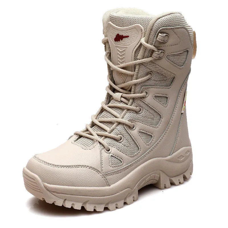 Beige cowhide leather hi-top hiking shoes with a platform sole on a neutral background.