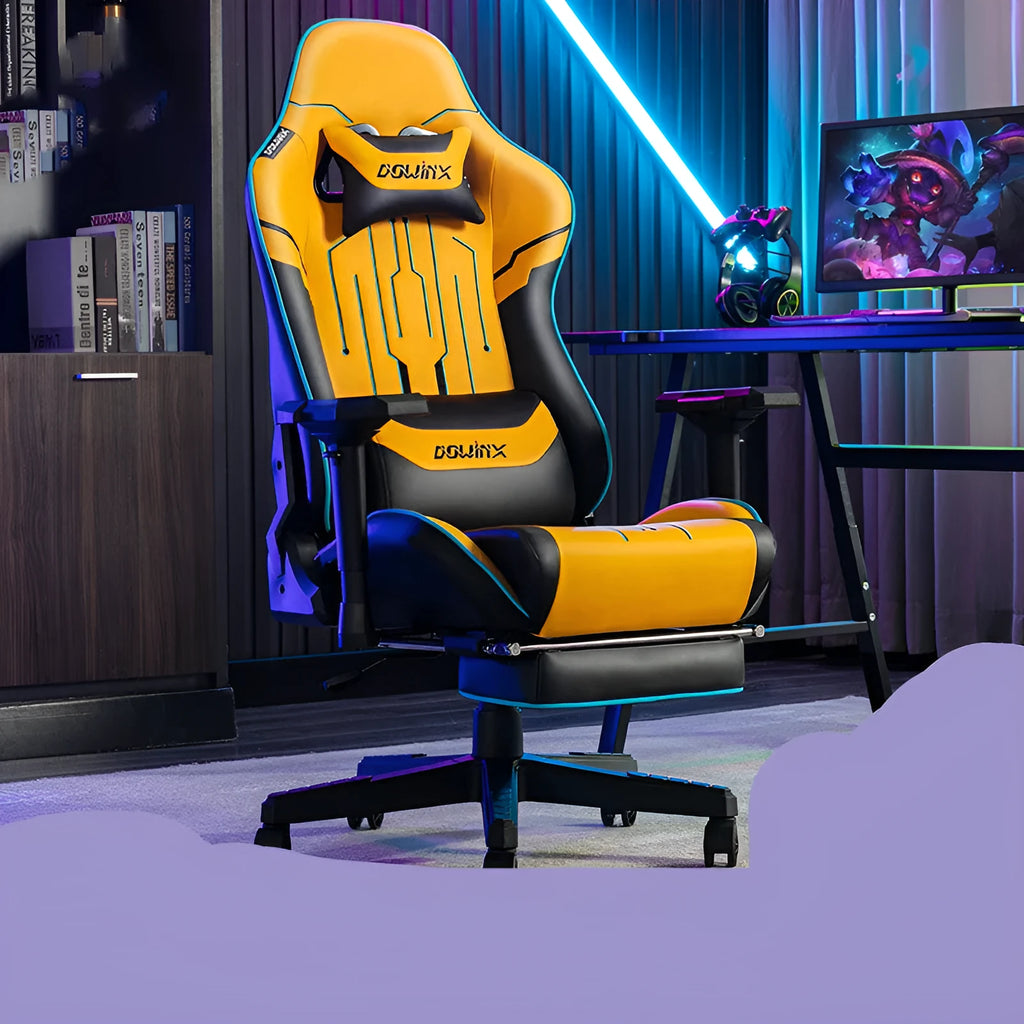 Dowinx LS-6010 black gaming chair with 4D adjustable armrests and reclined position