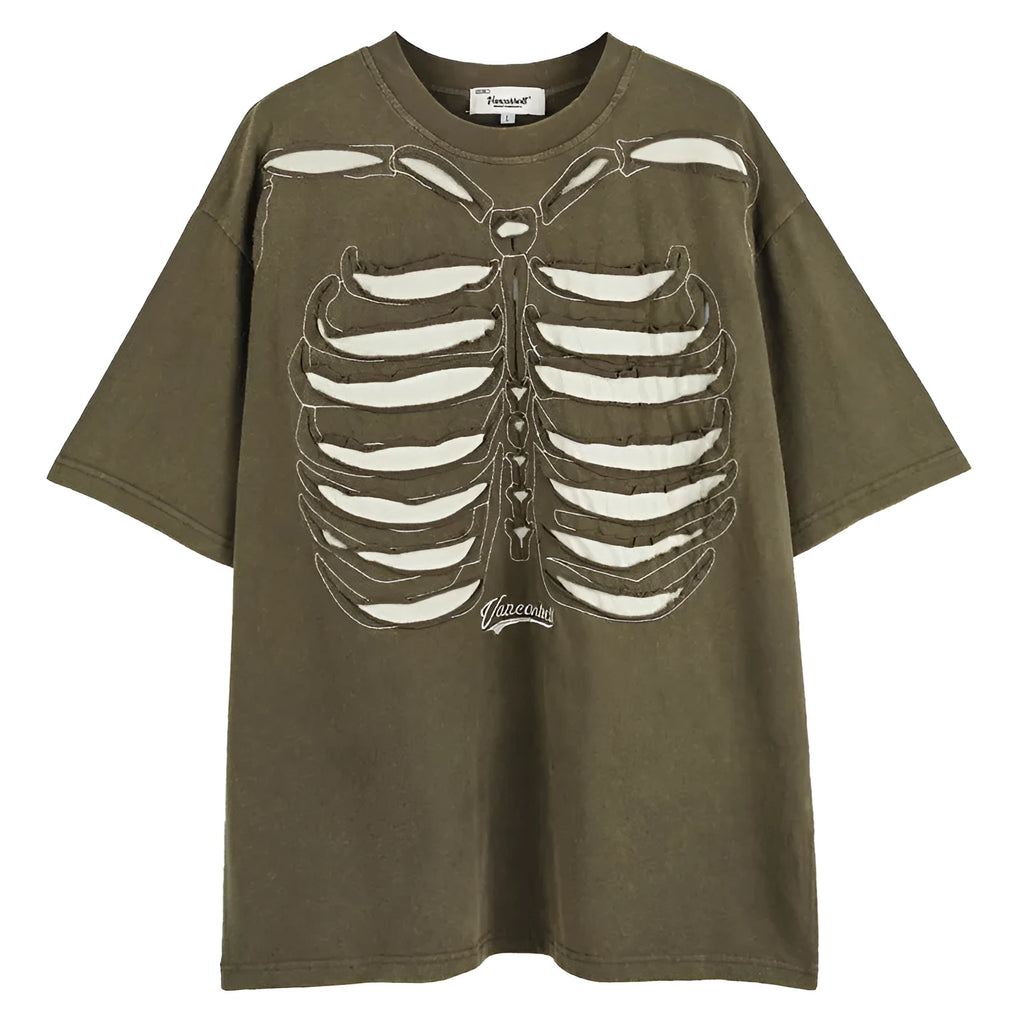 A man's black loose-fit cotton t-shirt with a skull and letter graphic print and drop-shoulder sleeves.
