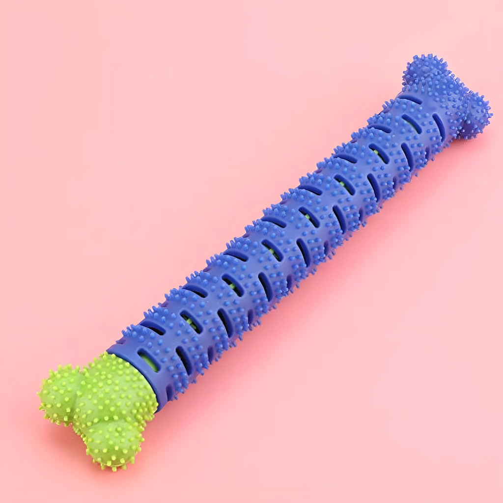 Blue and green silicone dog dental toy with brush head texture, nodules, and an integrated rope for chewing and play.