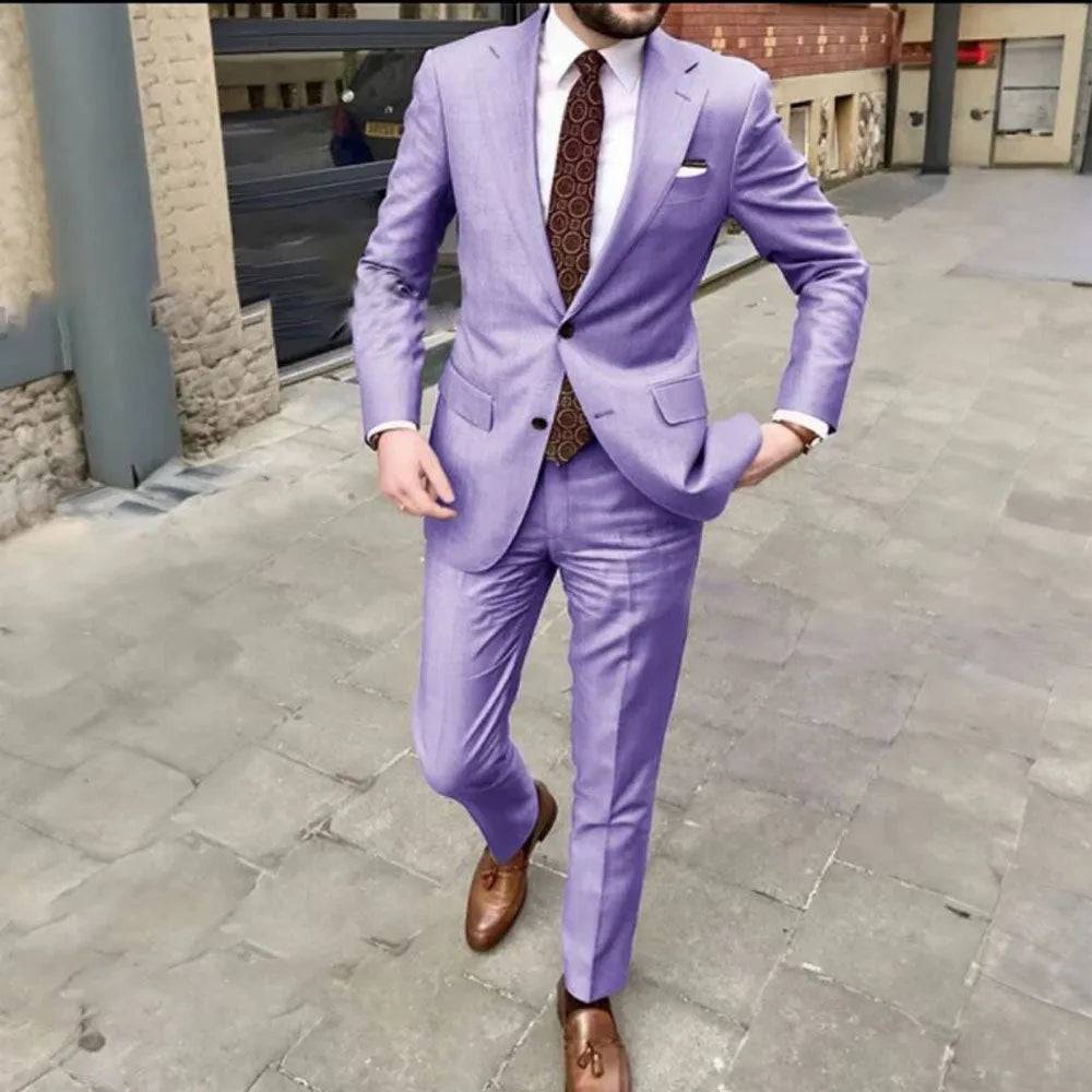Men's slim fit acetate fibre business suit in multiple colour options with two-button jacket and matching trousers