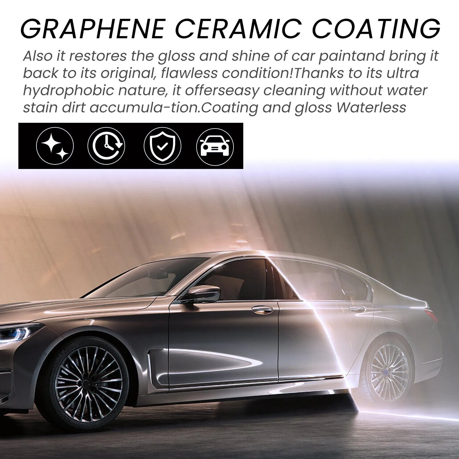 70ml bottle of graphene ceramic coating liquid with sponge, towel, gloves, and cloths for car paint protection.