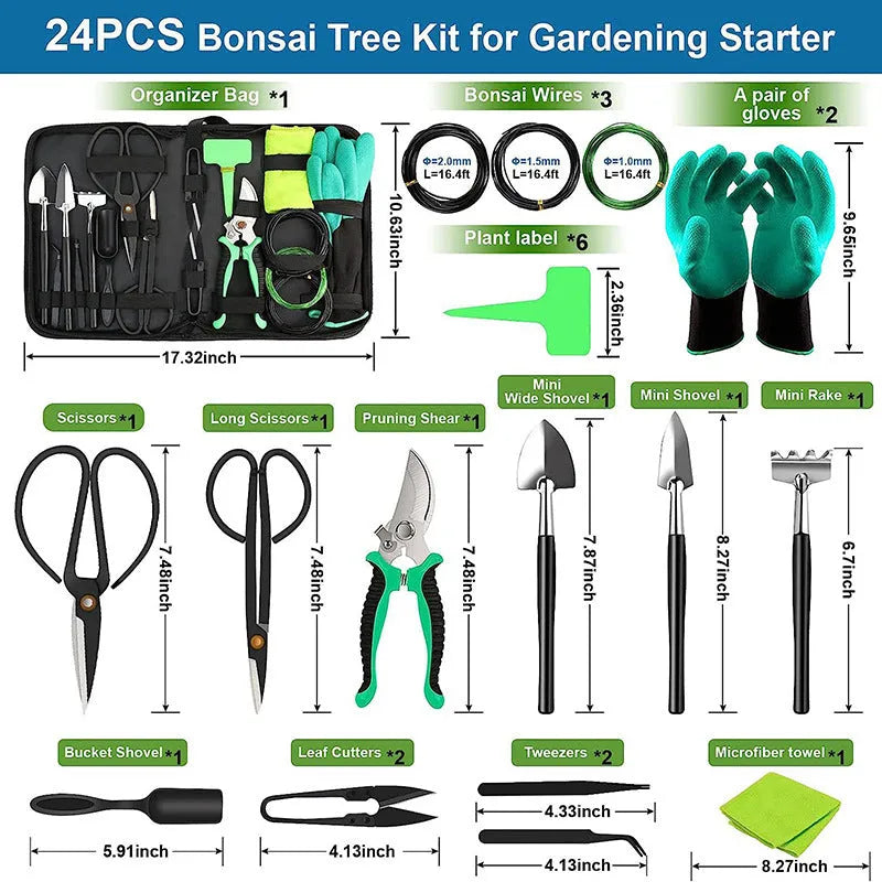 24-piece stainless steel bonsai tool set in compact storage case for potted plant pruning