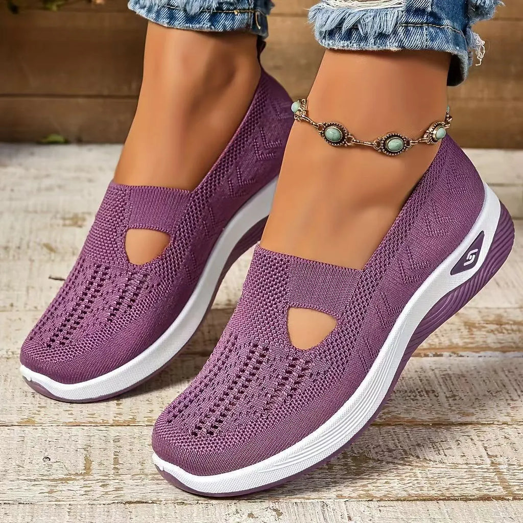 Casual T-strap mesh shoes for women with a soft PVC sole, shown in multiple colour options.