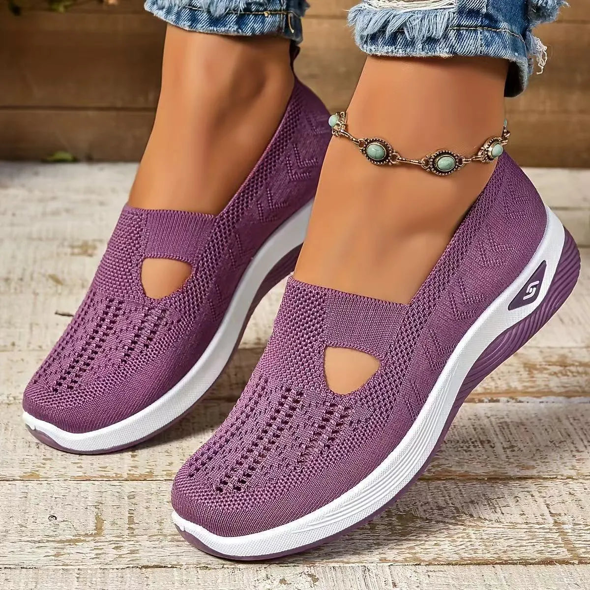 Casual T-strap mesh shoes for women with a soft PVC sole, shown in multiple colour options.