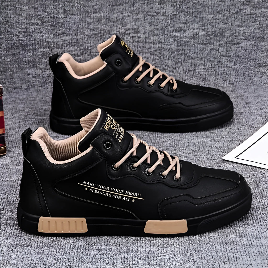 High-top synthetic leather panel shoes with tassel detail, lace-up closure, black beige colour, side view