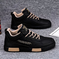High-top synthetic leather panel shoes with tassel detail, lace-up closure, black beige colour, side view