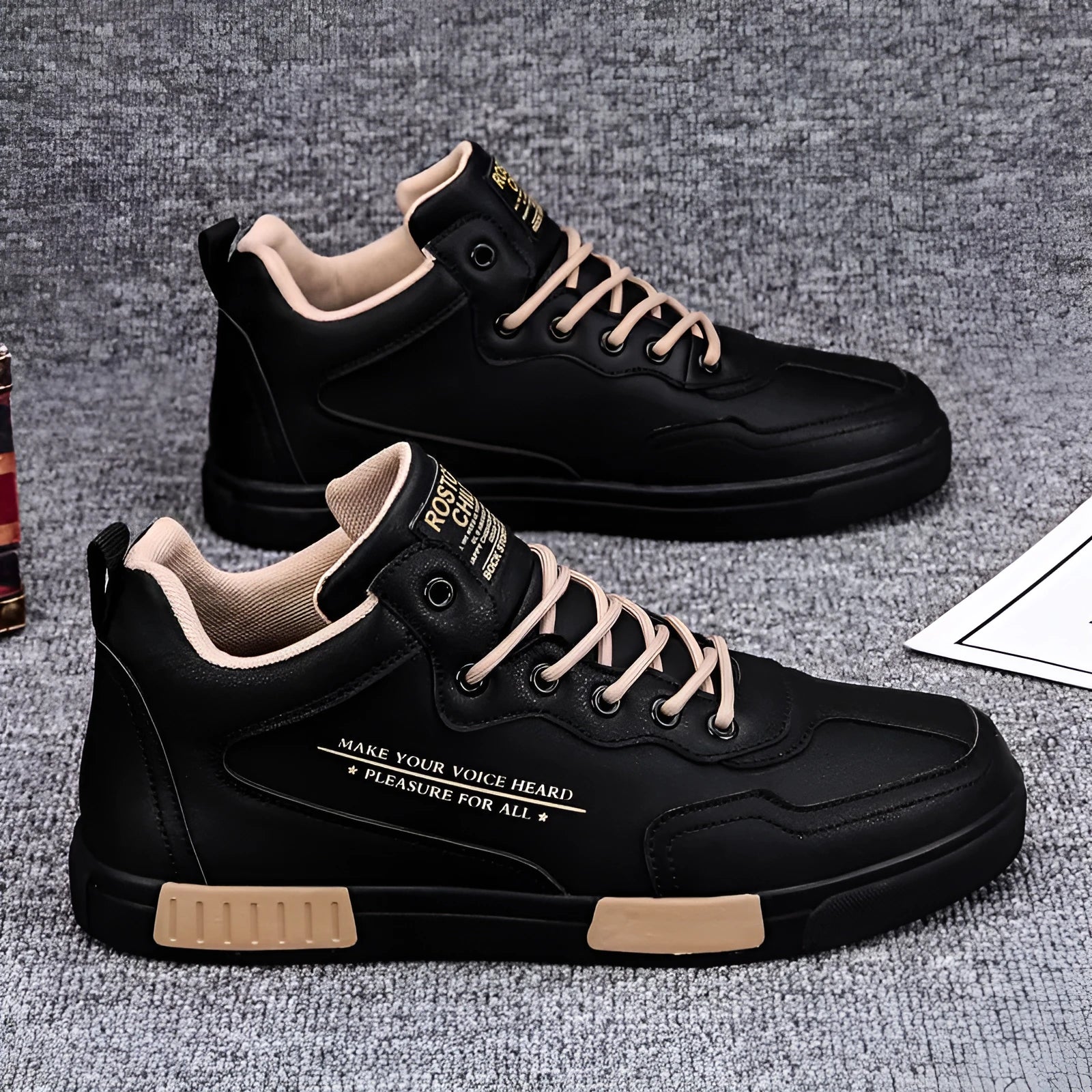 High-top synthetic leather panel shoes with tassel detail, lace-up closure, black beige colour, side view