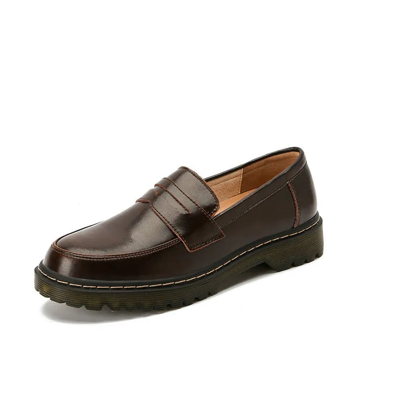 Round head low heel leather shoes for women in vintage brown, side view showing shallow mouth and low heel