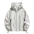 Men's plus size hooded casual coat in khaki, front view, polyester blend, spring autumn