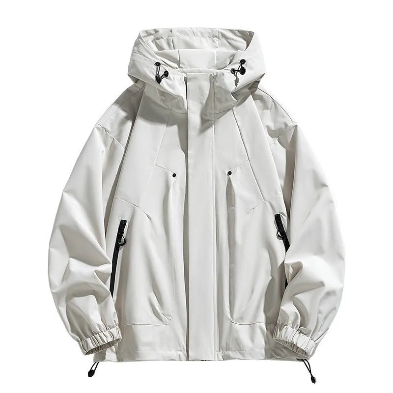 Men's plus size hooded casual coat in khaki, front view, polyester blend, spring autumn
