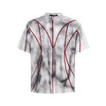 Padded shoulder T-shirt with three-dimensional line patchwork design on short sleeve round neck top