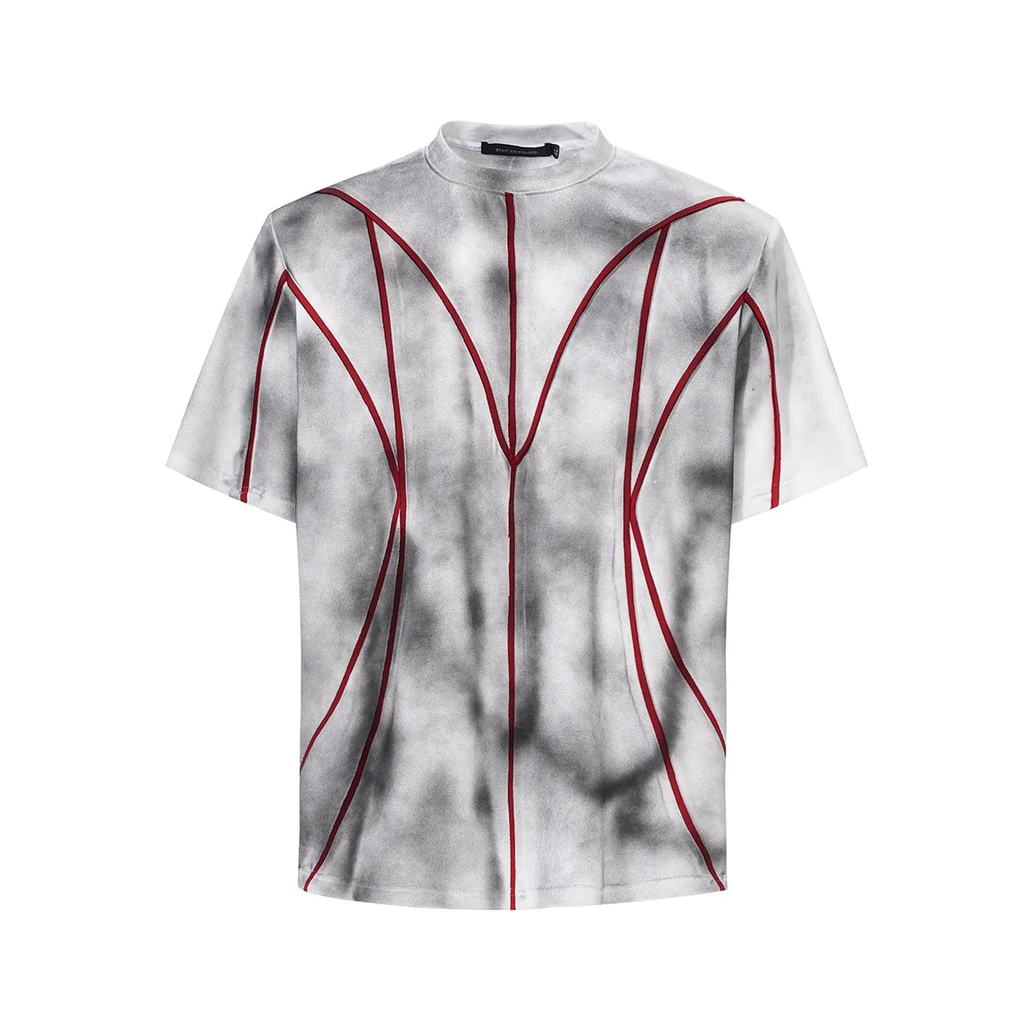 Padded shoulder T-shirt with three-dimensional line patchwork design on short sleeve round neck top