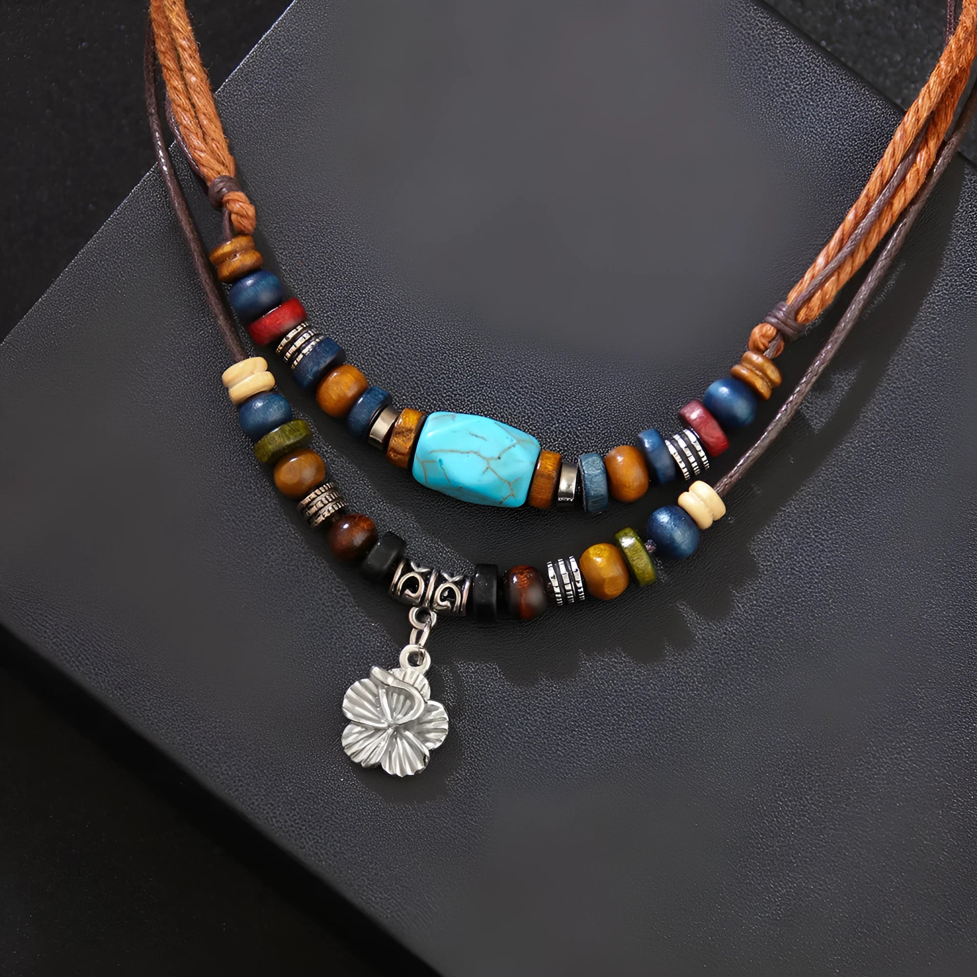 Men's geometric alloy pendant necklace with turquoise colour on wax rope chain