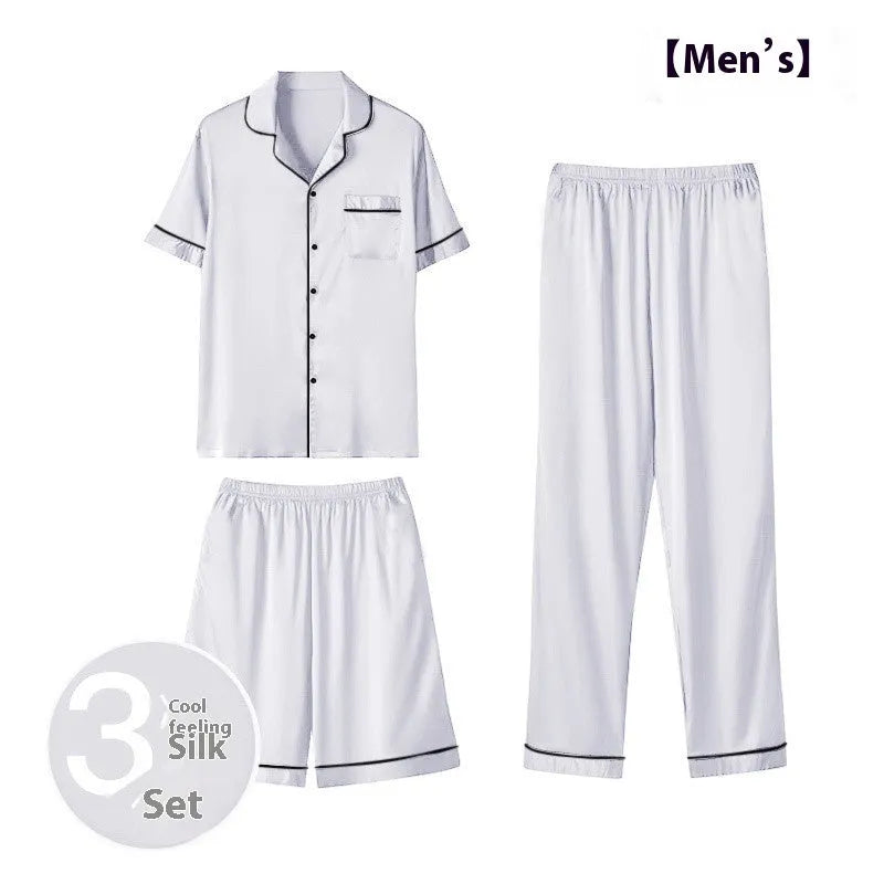 Men's ice silk home wear three-piece set with top, trousers and shorts in thin fabric