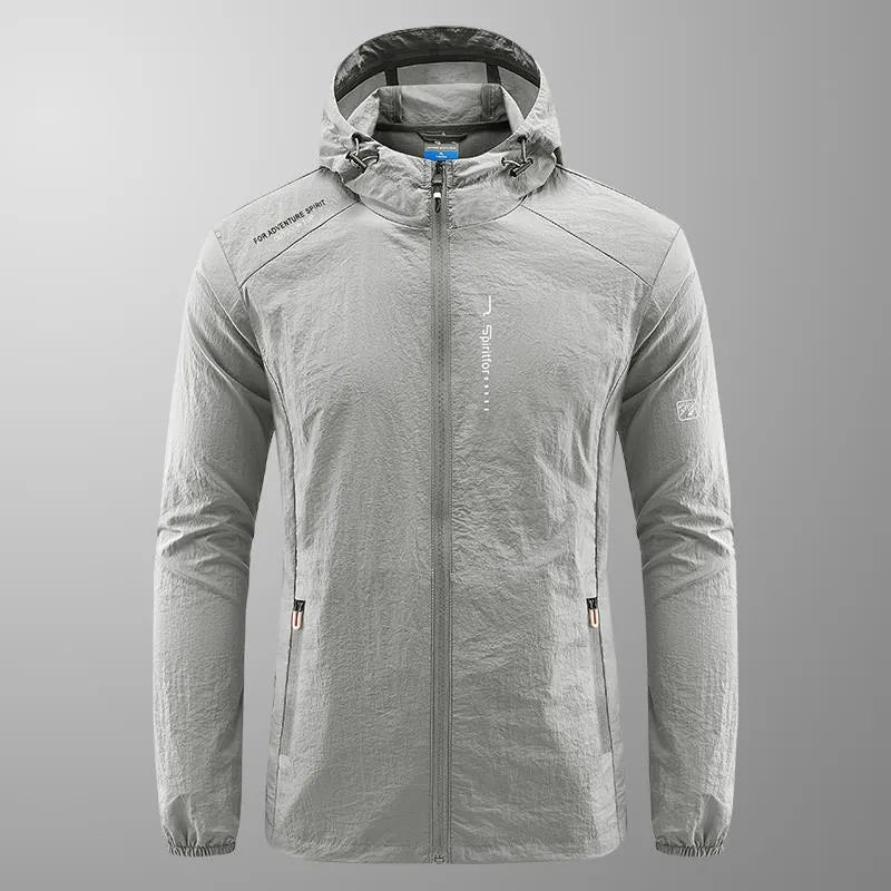Men's lightweight nylon hooded jacket in summer colours for outdoor sun protection