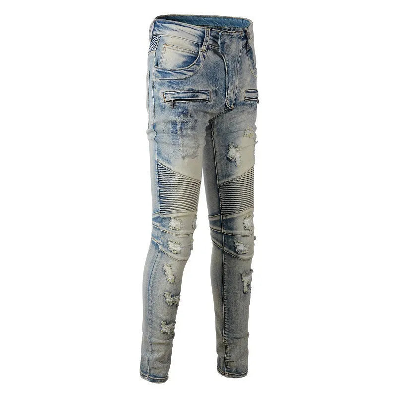 Light blue men's slim jeans with hand-frayed distressing and a distressed finish on the legs.