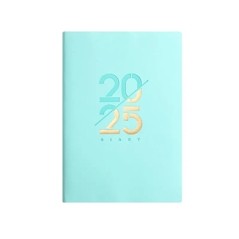 A5 daily planner with faux leather cover in blue, showing open pages of Dorian paper
