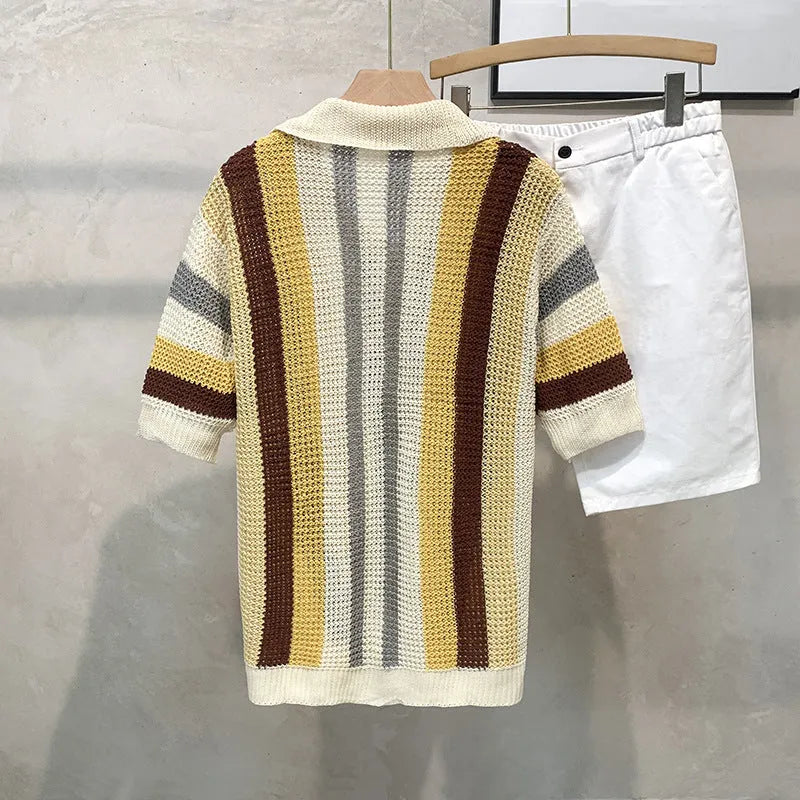 Dopamine Stripe Loose Casual Shirt for Men – pullover half sleeve top in yellow, polyester fabric
