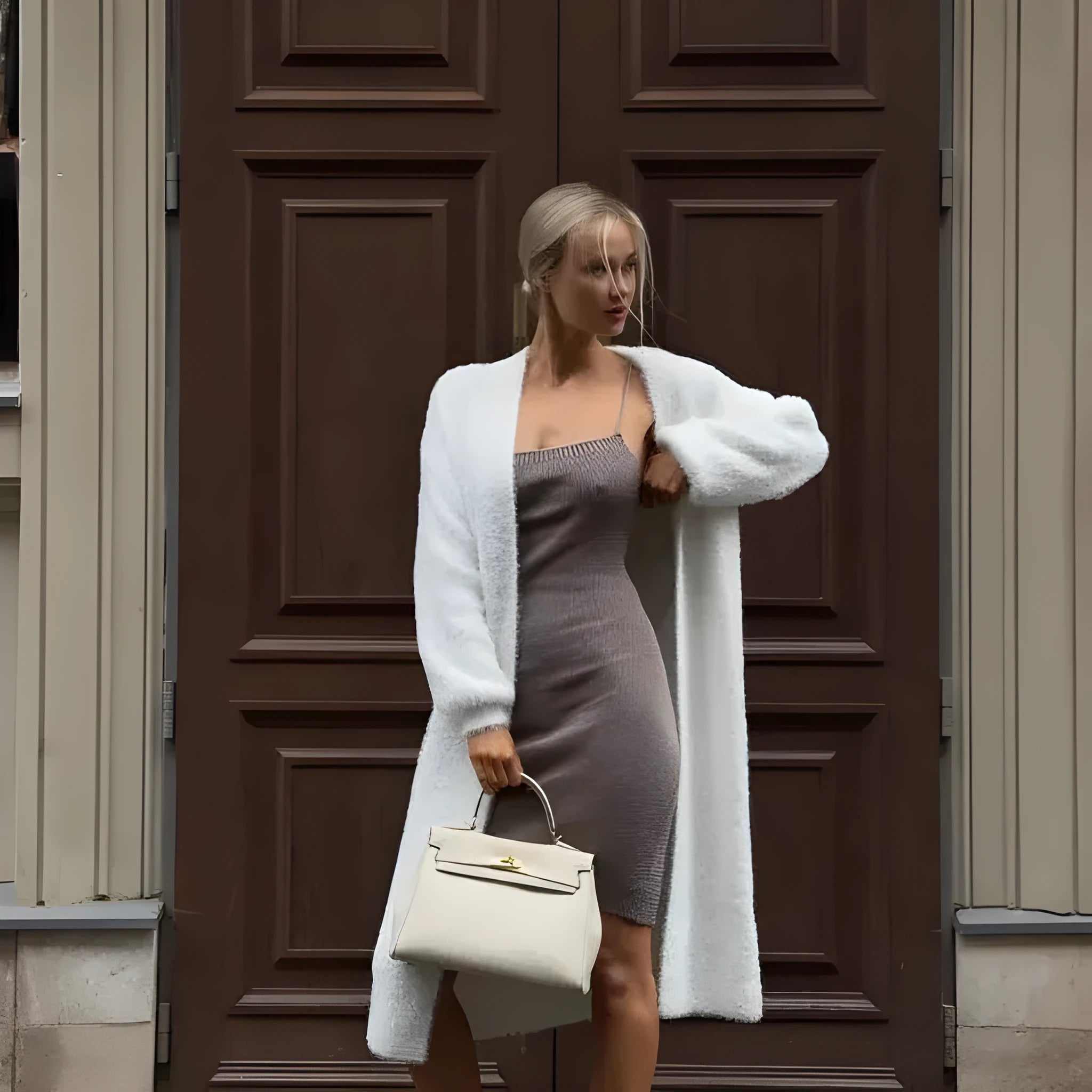 White women's cardigan sweater jacket with extended length and loose fit