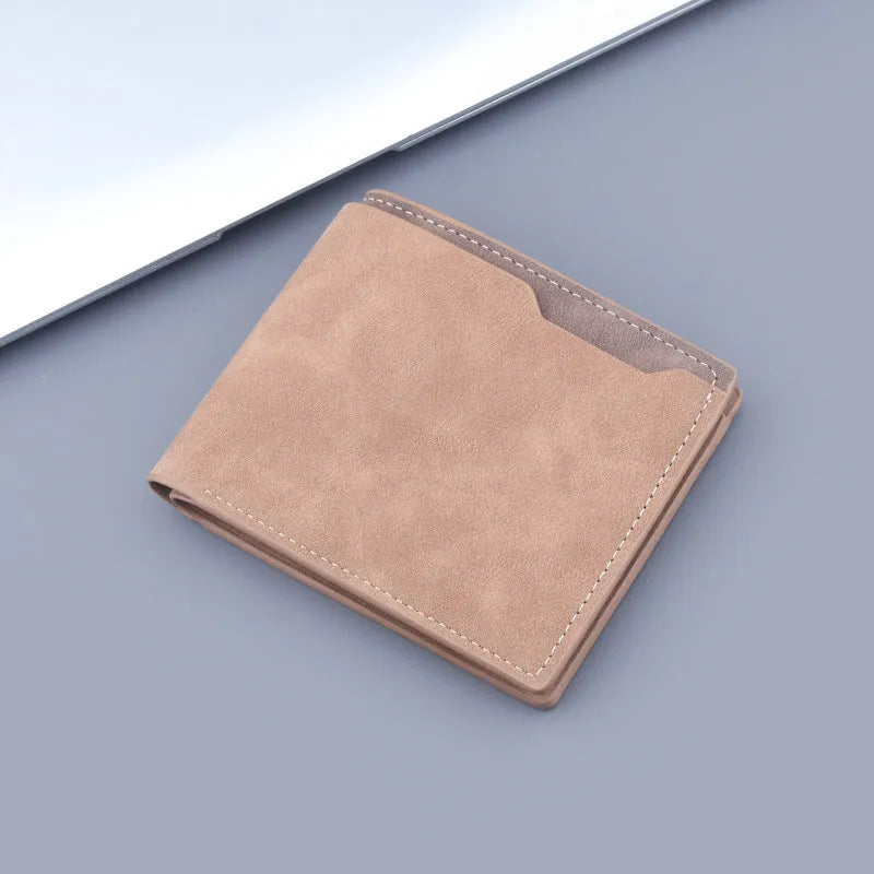 Men's ultra-light pu short wallet two fold half fold frosted finish contrast colour dark brown light brown