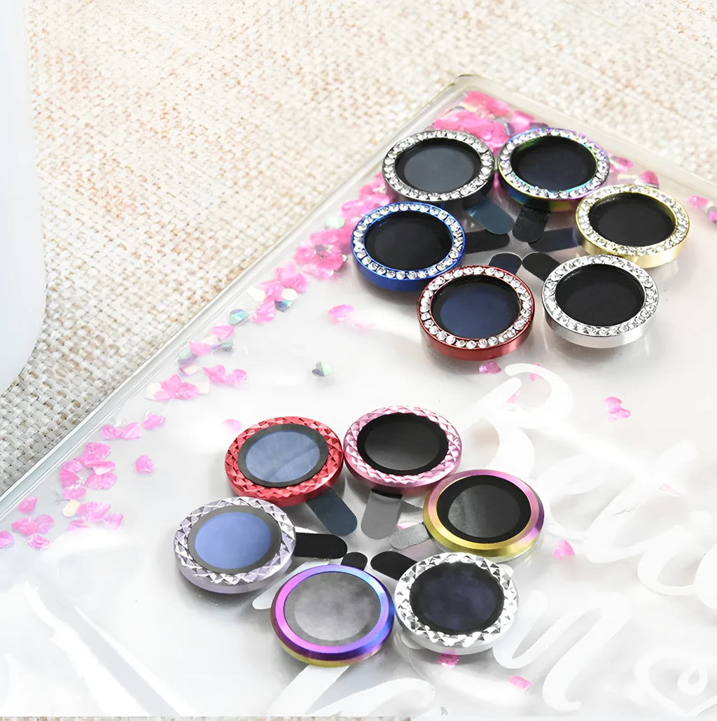 iPhone camera lens protector film with aluminium alloy ring in various colours.