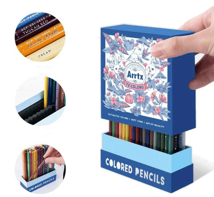 Boxed set of 72 colour pencils for art students and beginners, showing range of colours.