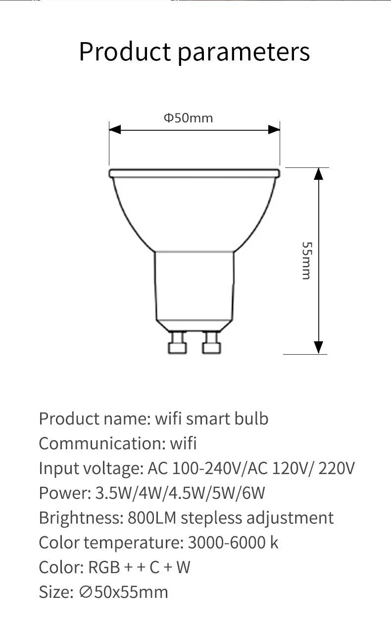 Smart RGBCCT GU10 spotlight bulb with WiFi control and colour temperature adjustment