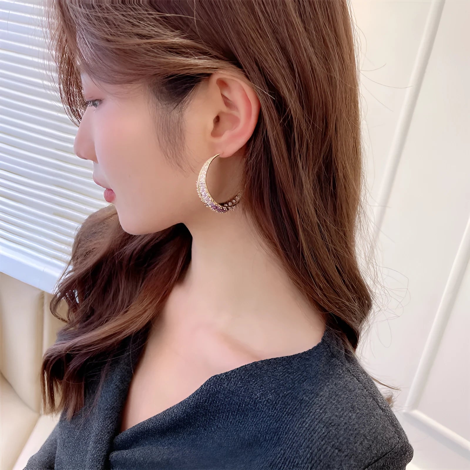 Geometric copper hoop earrings with electroplated zirconium in gold white, purple, green, black and silver white finishes