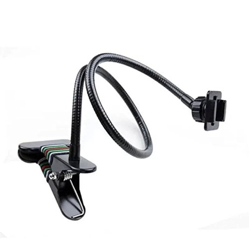Black universal metal webcam support hose bracket with cellphone holder attached to desk