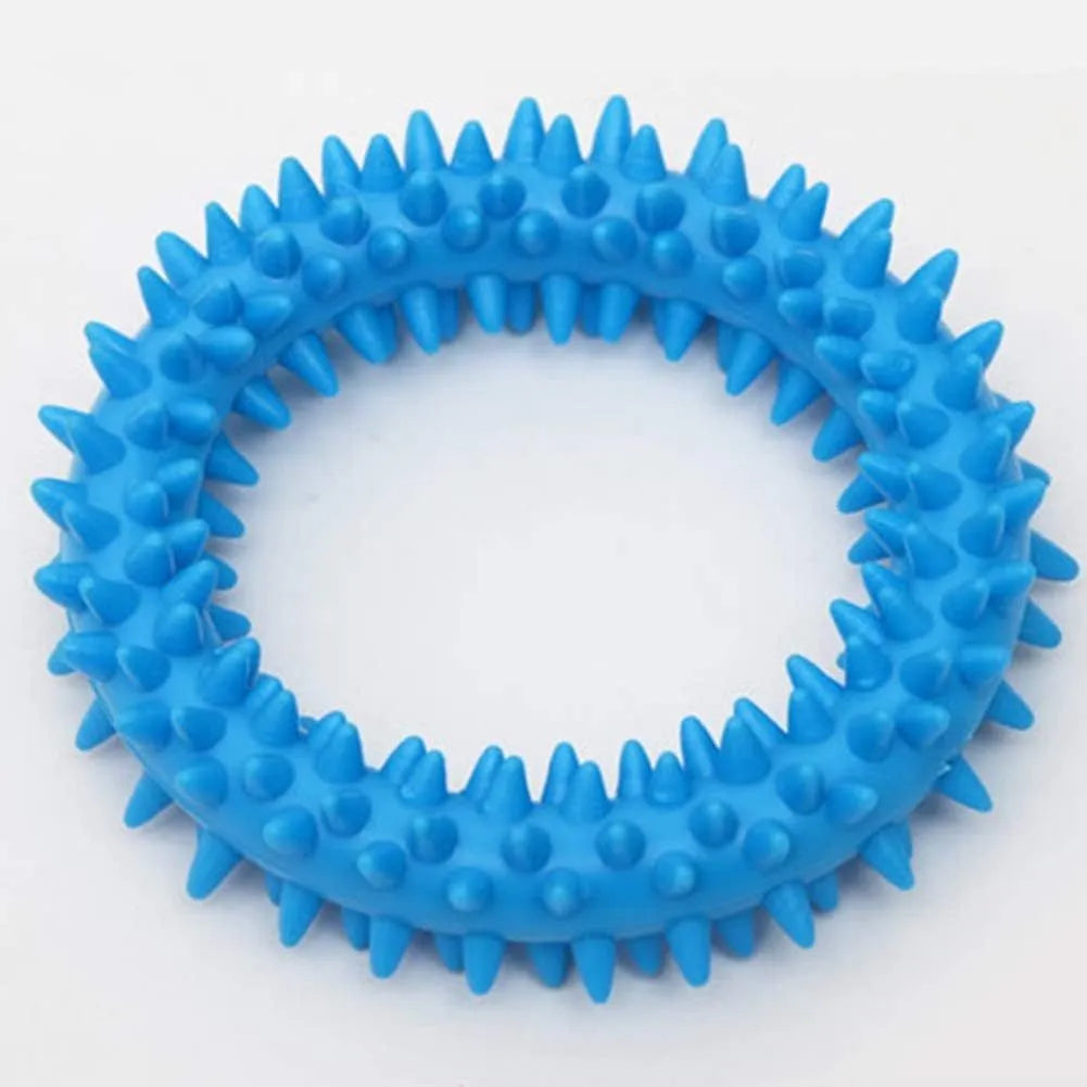 Blue spiky circle ring dog chew toy made of TPR for bite training and dental cleaning.