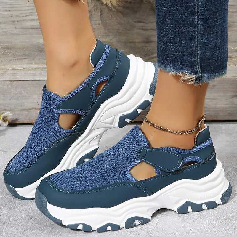 Women's mesh sport shoes with flat heel round toe Velcro closure in red black and blue colours